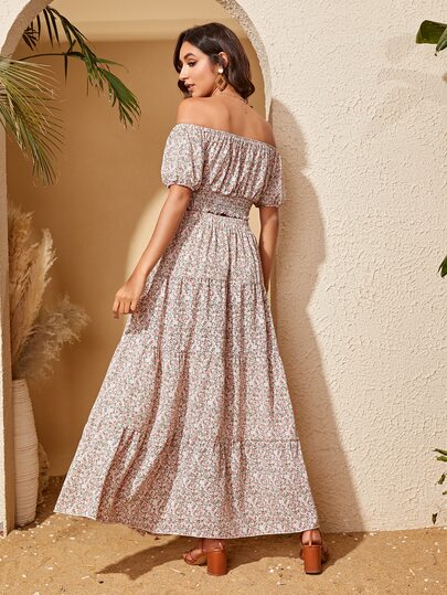 SHEIN ディティ花柄プリント オフショルダー クロップトップ ＆ スカートセット