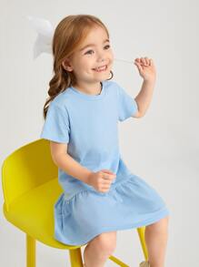 SHEIN Vestido sólido de volante para niña joven - Celeste - Ver 1