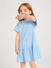 SHEIN Vestido sólido de volante para niña joven - Celeste - Ver 3