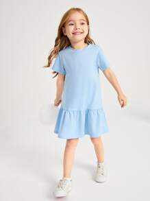 SHEIN Vestido sólido de volante para niña joven - Celeste - Ver 4