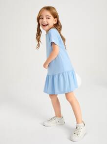 SHEIN Vestido sólido de volante para niña joven - Celeste - Ver 5