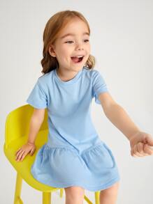 SHEIN Vestido sólido de volante para niña joven - Celeste - Ver 6