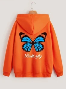 SHEIN EZwear 字母與蝴蝶印花加絨內裏拉鏈連帽衫 - 橘色 - 查看 1
