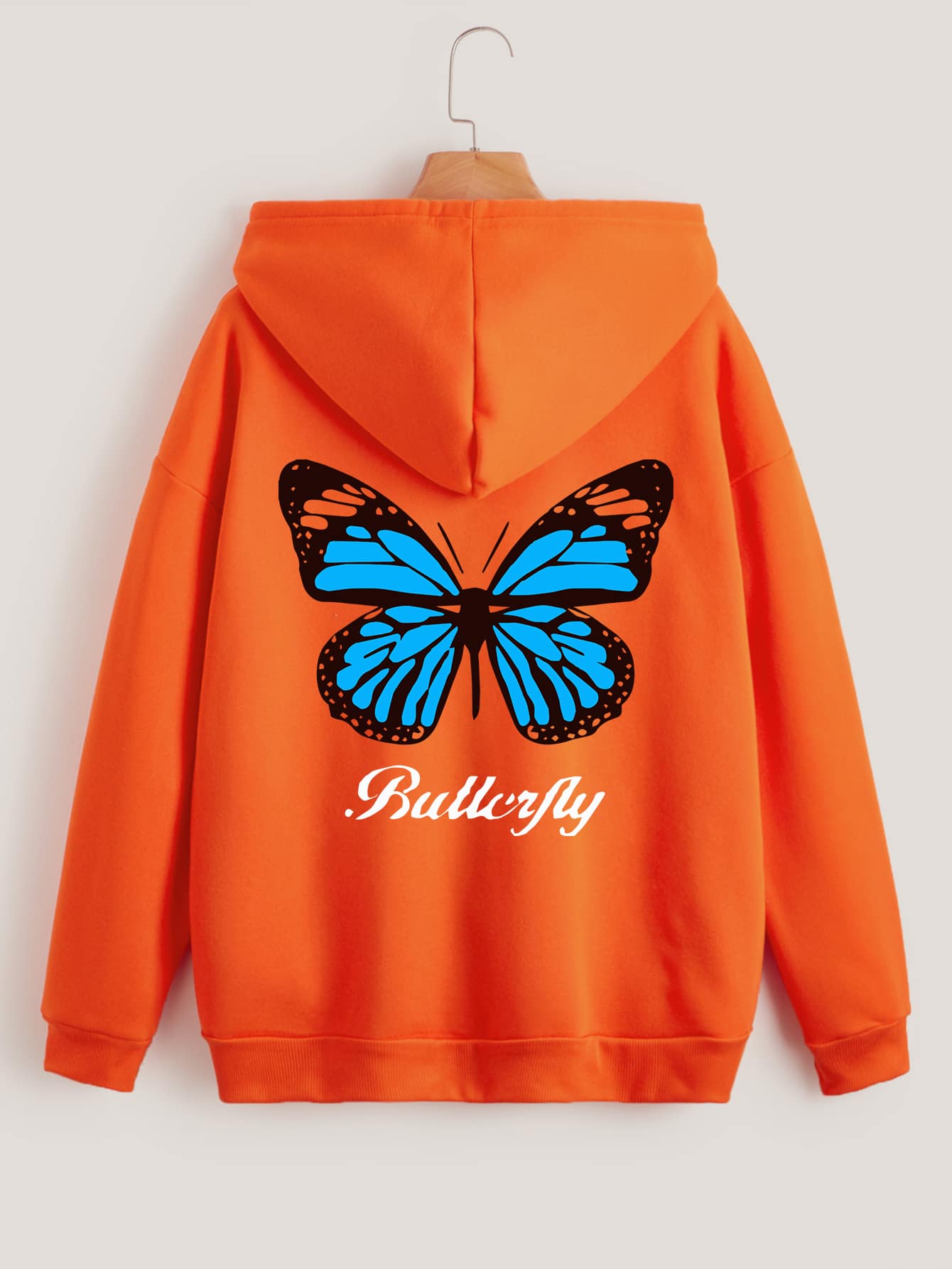SHEIN EZwear 字母與蝴蝶印花加絨內裏拉鏈連帽衫 - 橘色 - 查看 1