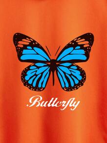 SHEIN EZwear 字母與蝴蝶印花加絨內裏拉鏈連帽衫 - 橘色 - 查看 3