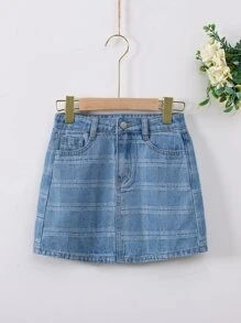 女孩條紋圖案直筒牛仔短裙 - 淺色水洗藍 - 查看 1