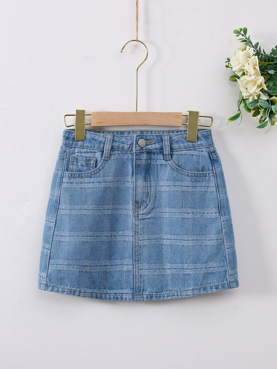 女孩條紋圖案直筒牛仔短裙 - 淺色水洗藍 - 查看 1