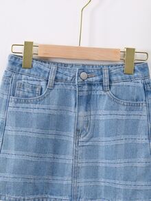 女孩條紋圖案直筒牛仔短裙 - 淺色水洗藍 - 查看 3
