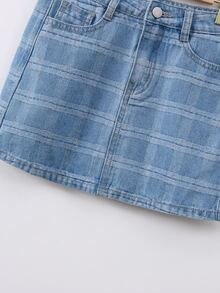 女孩條紋圖案直筒牛仔短裙 - 淺色水洗藍 - 查看 4