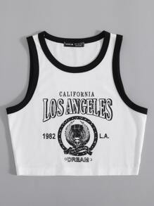 SHEIN Unity Eagle & Letter Graphic Contrast Binding Tank Top - White - View 3