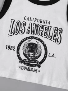 SHEIN Unity Eagle & Letter Graphic Contrast Binding Tank Top - White - View 5