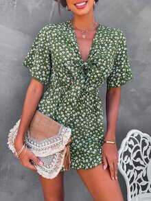 隨機小碎花前繫帶荷葉邊袖口連身短褲 - 橄欖綠 - 查看 5