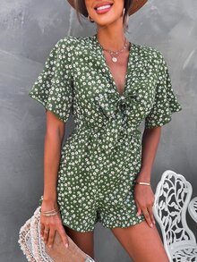 隨機小碎花前繫帶荷葉邊袖口連身短褲 - 橄欖綠 - 查看 6