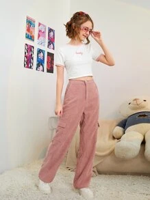 SHEIN Teen Girls Letter Graphic Crop Tee & Flap Pocket Cord Pants - Multicolor - View 5