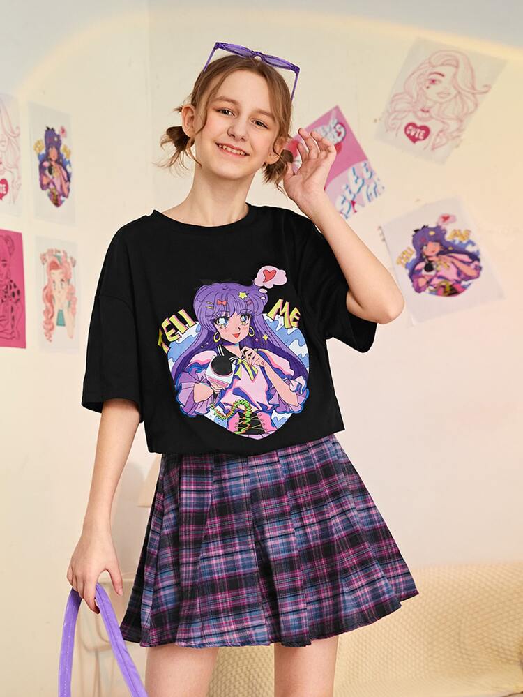 Teen Girls Figure & Letter Graphic Drop Shoulder Tee
