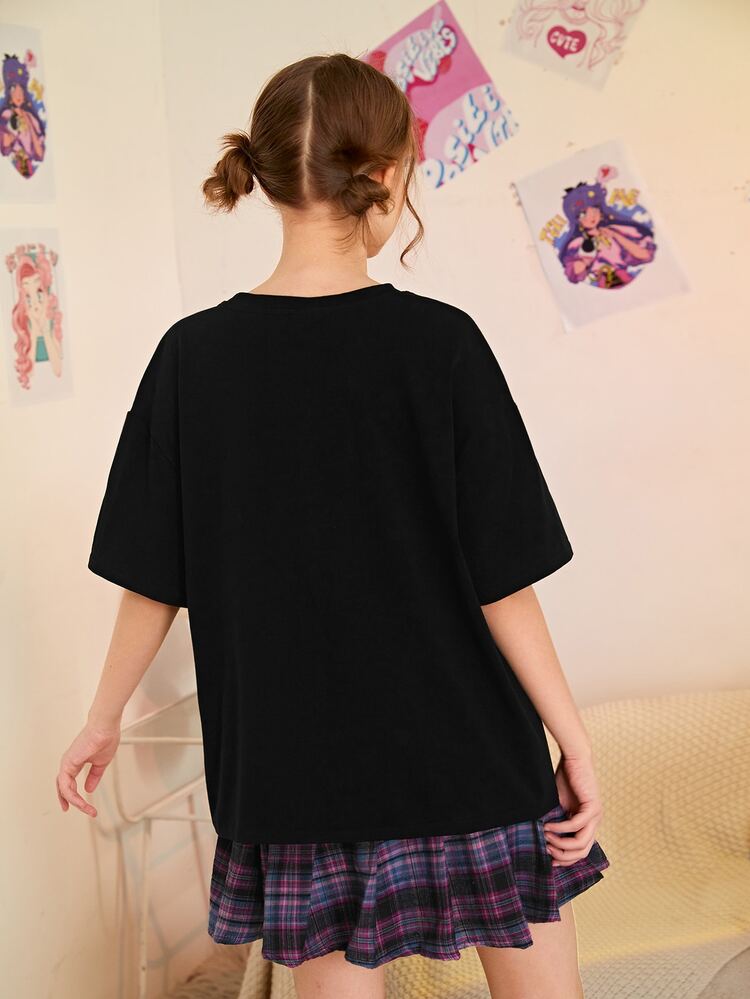 Teen Girls Figure & Letter Graphic Drop Shoulder Tee