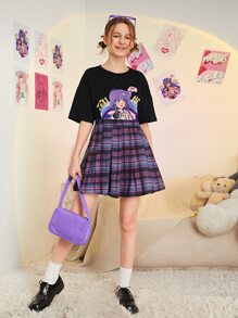 SHEIN Teen Girls Figure & Letter Graphic Drop Shoulder Tee