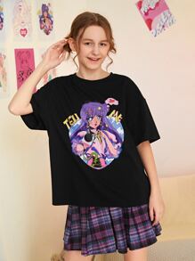 SHEIN Teen Girls Figure & Letter Graphic Drop Shoulder Tee