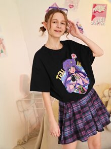SHEIN Teen Girls Figure & Letter Graphic Drop Shoulder Tee