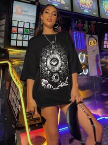 日月圖案落肩T恤 - 黑色 - 查看 3