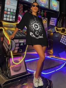 日月圖案落肩T恤 - 黑色 - 查看 4