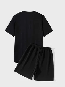 Manfinity Bộ hai mảnh Nam Dây kéo Đồ họa Lá thư Giải trí - màu đen - Xem 2