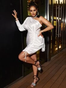 Glamaker Plus One Shoulder Drawstring Ruched Dalmatian Jacquard Satin Dress - White - View 6