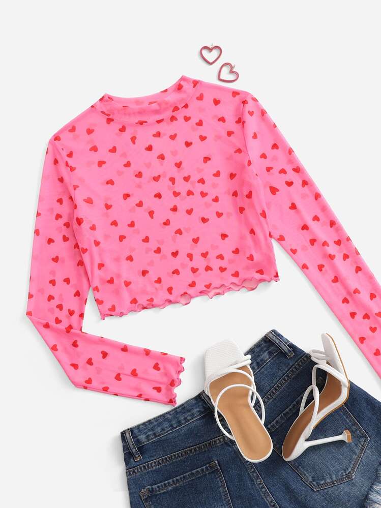 SHEIN EZwear Mock Neck Lettuce Trim Heart Print Mesh Pink Top - Pink - View 1