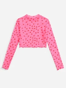 SHEIN EZwear Mock Neck Lettuce Trim Heart Print Mesh Pink Top