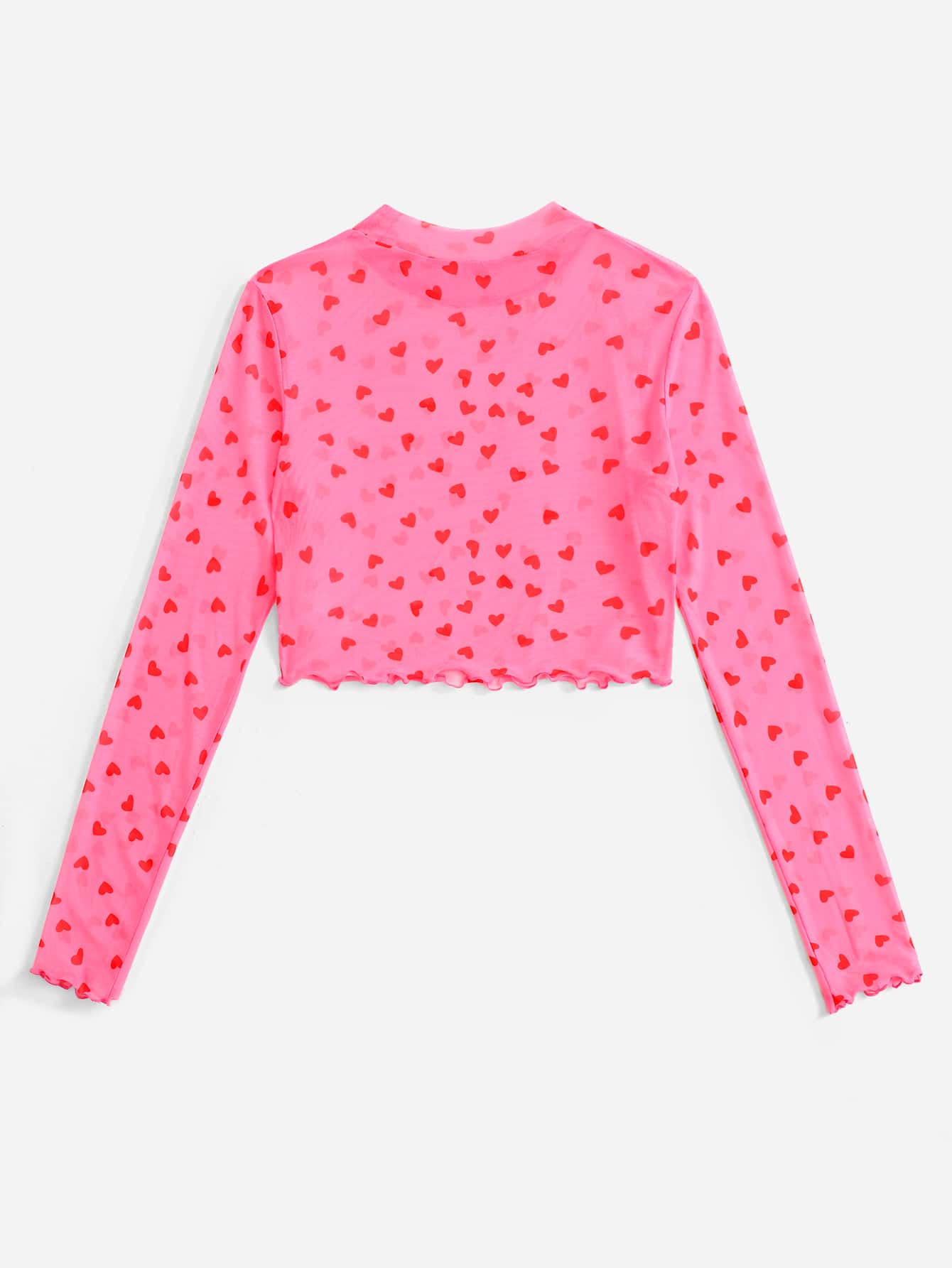 SHEIN EZwear Mock Neck Lettuce Trim Heart Print Mesh Pink Top - Pink - View 2