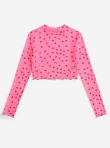 SHEIN EZwear Mock Neck Lettuce Trim Heart Print Mesh Pink Top