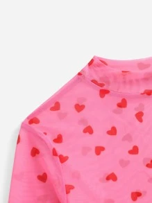 SHEIN EZwear Mock Neck Lettuce Trim Heart Print Mesh Pink Top