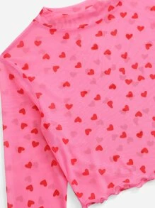 SHEIN EZwear Mock Neck Lettuce Trim Heart Print Mesh Pink Top