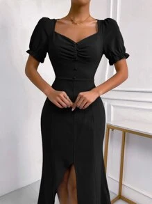 Chiquease Đầm Dây kéo Tách cao Nút phía trước màu trơn Thanh lịch - màu đen - Xem 6