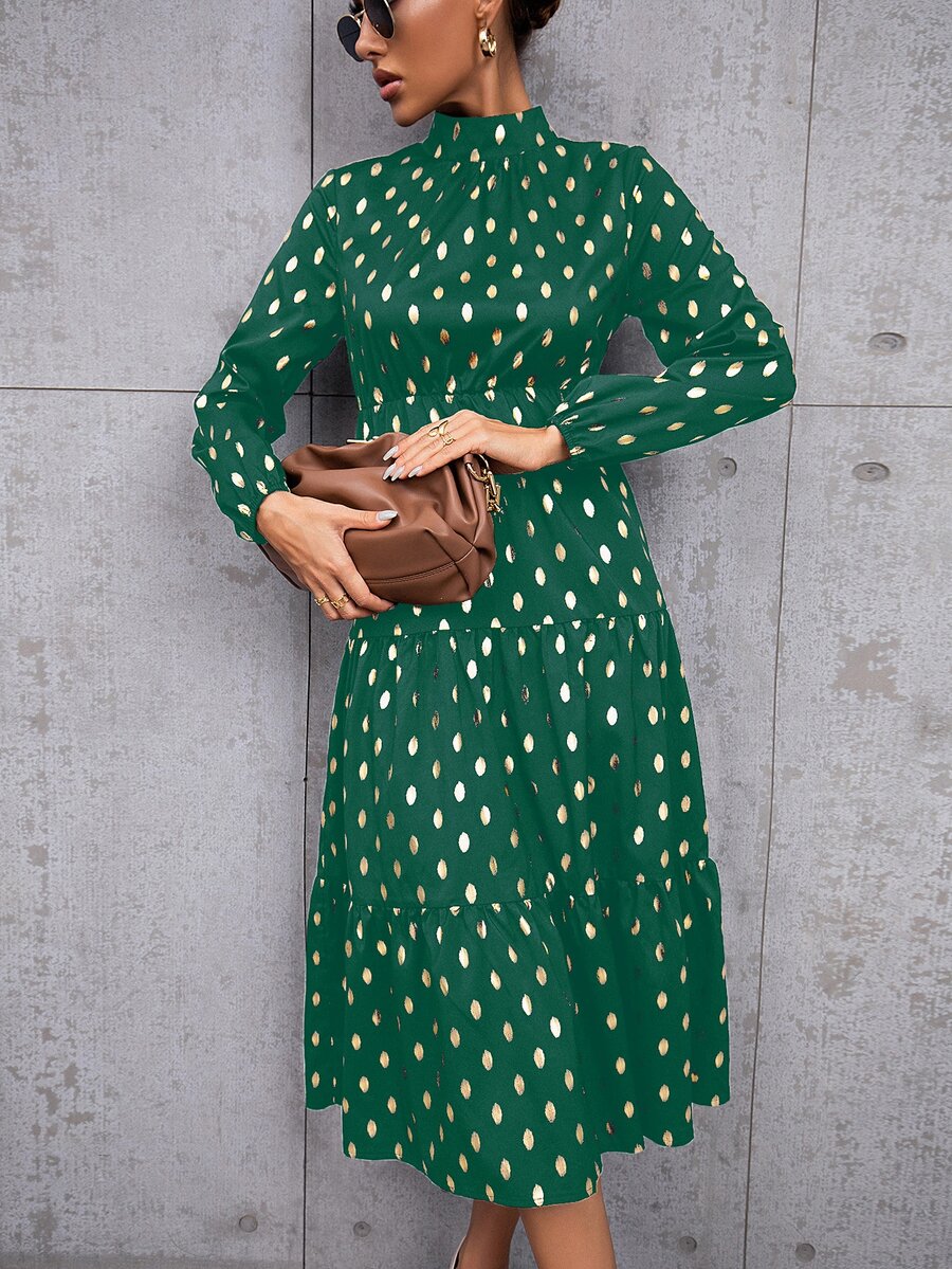 Gold Dot Print Mock Neck Ruffle Hem Dress - Green - View 1