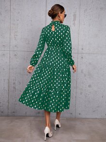 Gold Dot Print Mock Neck Ruffle Hem Dress - Green - View 2