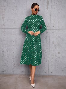 Gold Dot Print Mock Neck Ruffle Hem Dress - Green - View 4