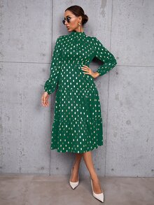 Gold Dot Print Mock Neck Ruffle Hem Dress - Green - View 5