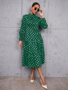 Gold Dot Print Mock Neck Ruffle Hem Dress - Green - View 6
