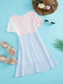 Niñas Vestido de color combinado con doble bolsillo