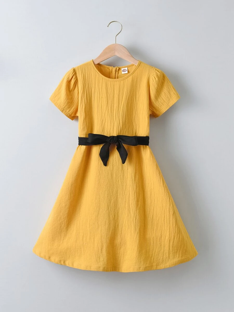 Đầm Gái Thắt lưng màu trơn Dễ thương - Màu vàng - Xem 1