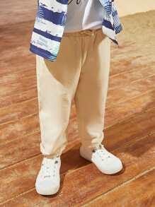 SHEIN Quần bé trai Dây kéo Túi màu trơn Giải trí - Màu be - Xem 5