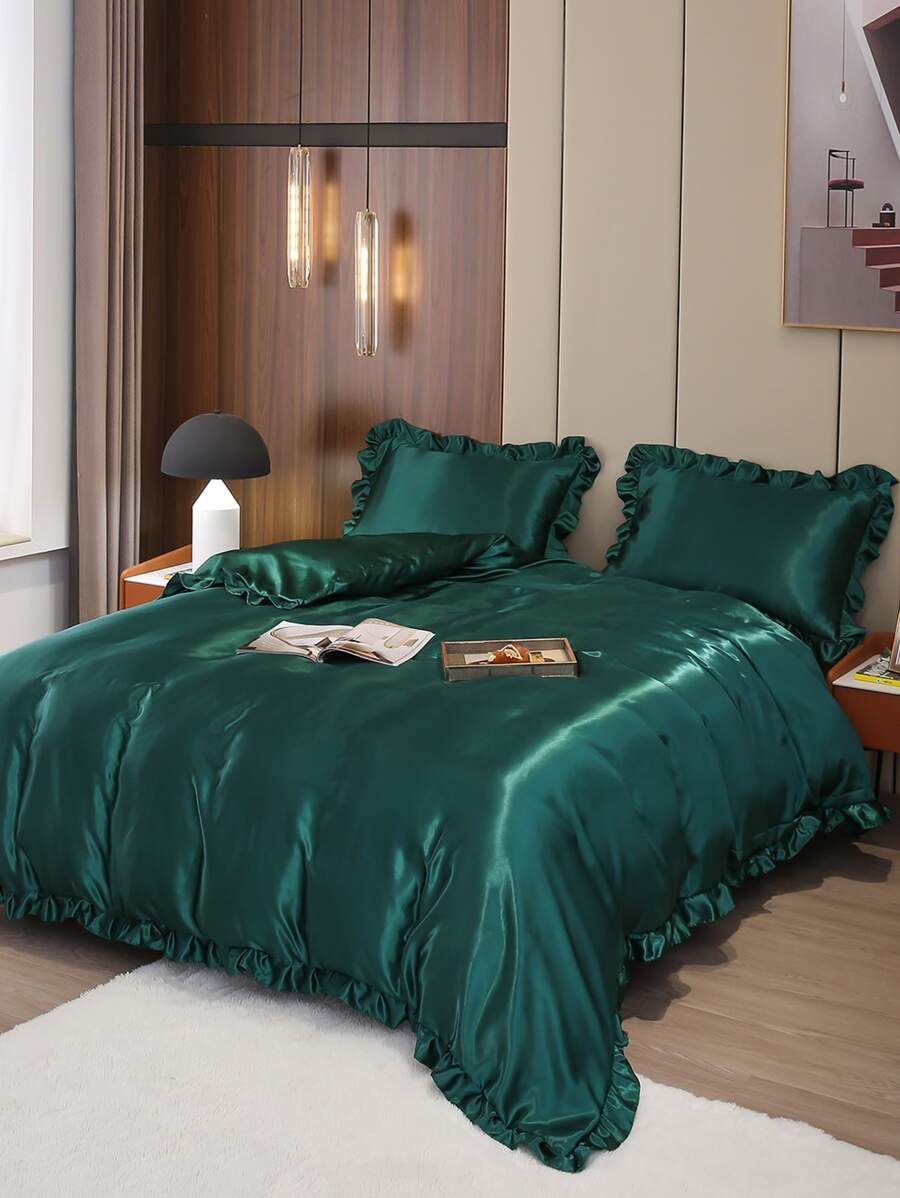 3pcs Satin Duvet Cover Set, Imitation Silk Bedding Set, Solid Color Quilt Cover Set (1pc Duvet Cover And 2pcs Pillowcases) - Green - View 1