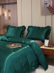 3pcs Satin Duvet Cover Set, Imitation Silk Bedding Set, Solid Color Quilt Cover Set (1pc Duvet Cover And 2pcs Pillowcases) - Green - View 2