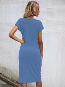Vestido ajustado unicolor girante delantero - Azul - Ver 2