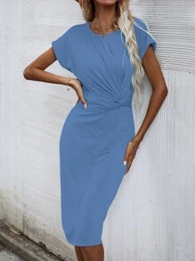Vestido ajustado unicolor girante delantero - Azul - Ver 3