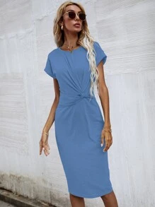 Vestido ajustado unicolor girante delantero - Azul - Ver 6