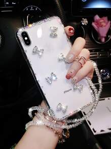 Cell Phone Lanyards Rhinestone Bowknot Decor Clear Rhinestone Phone Case Compatible With IPhone 11,IPhone 13,IPhone 14 Pro Max - Clear - View 1