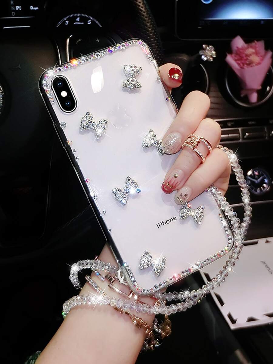 Cell Phone Lanyards Rhinestone Bowknot Decor Clear Rhinestone Phone Case Compatible With IPhone 11,IPhone 13,IPhone 14 Pro Max - Clear - View 1