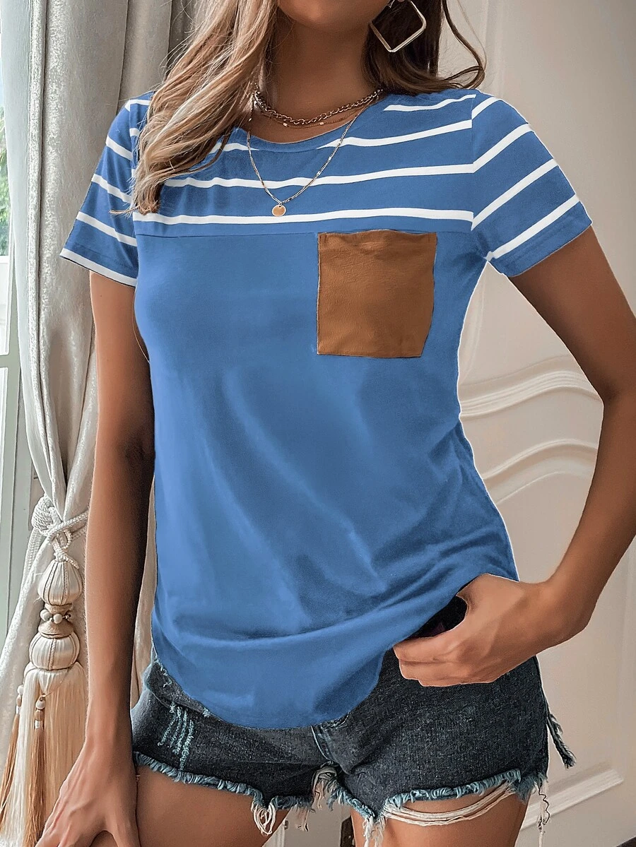 SHEIN LUNE Camiseta de rayas con bolsillo delantero - Neblina azul - Ver 1